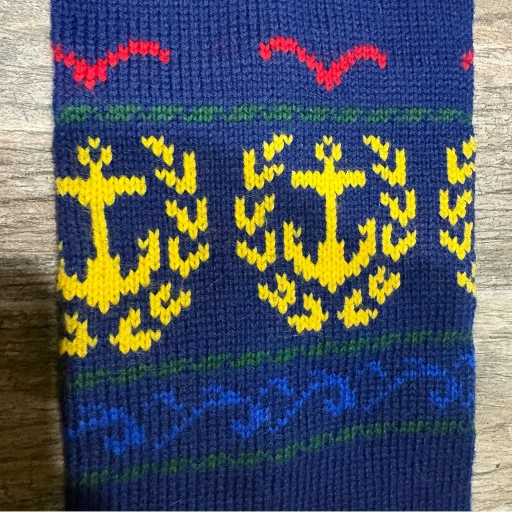 Vtg 100% Wool Handknit Scarf Hat Set Red Blue Nautical Tassel Fringe Vermont